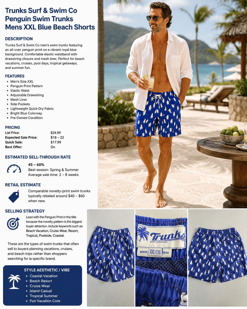 Trunks Surf & Swim‎ Co Penguin Swim Trunks Mens XXL Blue Beach Shorts